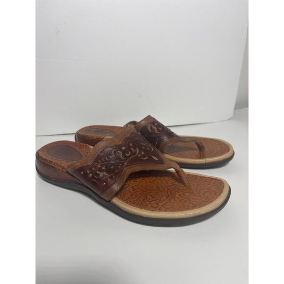 Ariat Leather Flip Flop Sandals Tooled size 10 Brown Tan boho western wedge heel - Picture 2 of 6